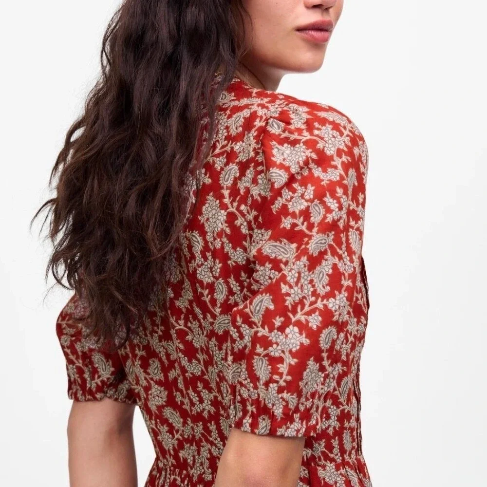 Madewell Red Paisley Floral Button Front Puff Sleeve Tiered Midi Dress 4 - Picture 5 of 11